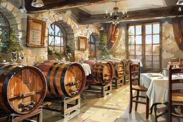 Rustic Italian Restaurant with Stone Walls and Wooden Wine Barrels - obrazy, fototapety, plakaty