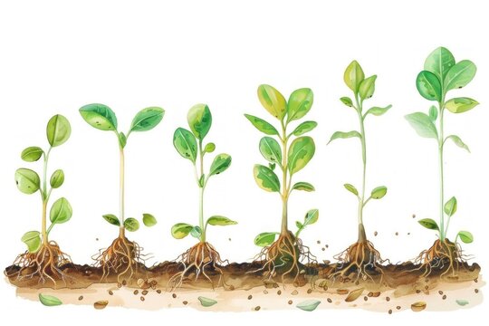 Growing stages of a green seedling plant in soil on white background close-up photo