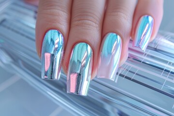 Womans hand with beautiful shiny blue manicure on nails with rhinestones closeup - obrazy, fototapety, plakaty
