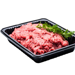 Raw minced meat in a black plastic tray container