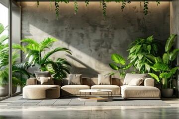 Interior of living room with green houseplants and sofas - generative ai