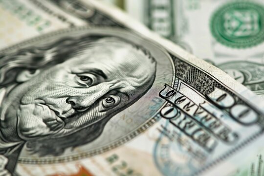 Close up of one hundred dollar bill with focus on Benjamin Franklins face