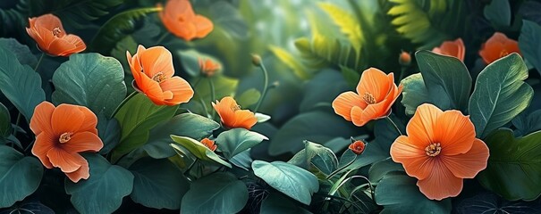 In an isolated garden, the background depicted lush green leaves and vibrant orange flowers,...