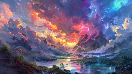 Pink Sky Over Mountains A Vibrant Sunset with a Rainbow Generative AI