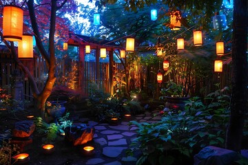 : A magical garden with a beautiful array of colors, glowing lanterns, and a peaceful atmosphere