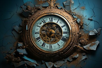 Fototapeta premium Deteriorated Old broken clock. Dark watch fabric. Generate AI