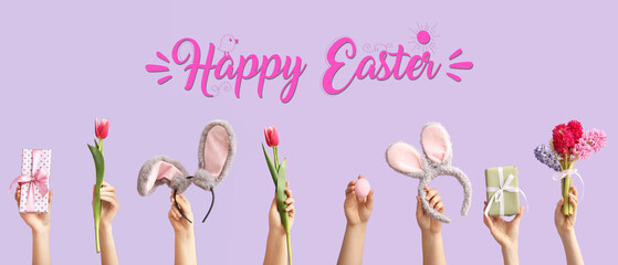 Festive banner for Happy Easter with hands holding bunny ears, gifts and flowers