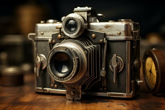 Antiquated Old camera closeup. Wood photo. Generate Ai