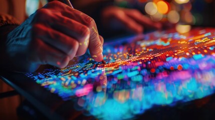 Close-up of hands adjusting sliders on a colorful, illuminated sound mixing console in a studio or...
