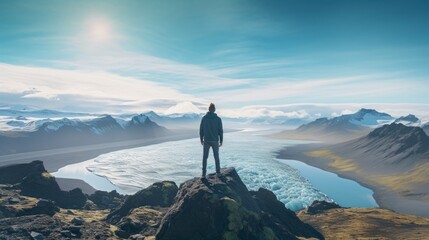 A man stands on a mountain top overlooking a frozen lake - Powered by Adobe