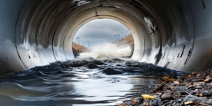 Contaminated storm water in a glossy concrete culvert at maximum capacity, Generative AI 