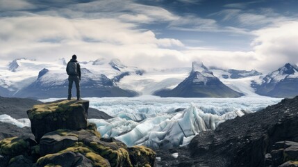 A man stands on a rocky mountain top, looking out over a vast expanse of ice - Powered by Adobe