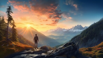 A man is standing on a mountain top, looking out at the beautiful sunset - obrazy, fototapety, plakaty