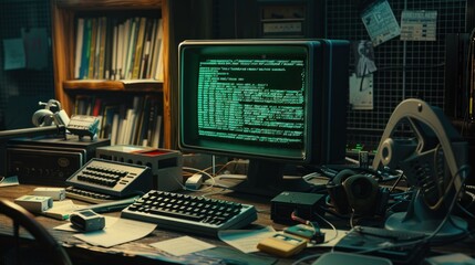 Old-fashioned computer with green text on screen, surrounded by cluttered desk with papers, keyboard, headphones, and a desk fan. Vintage technology feel. - Powered by Adobe