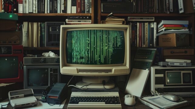 Vintage computer setup with green matrix code on screen, surrounded by old electronics and books on shelves. Retro technology concept.