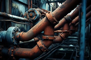 Towering Stack of rusty orange pipes. Old rusted steel industrial pipelines covered with oxidized scab. Generate ai - obrazy, fototapety, plakaty