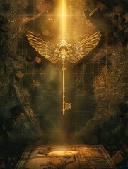 Golden key with wings hovering over an ancient map, soft beam of light, treasure hunt vibe , clean sharp