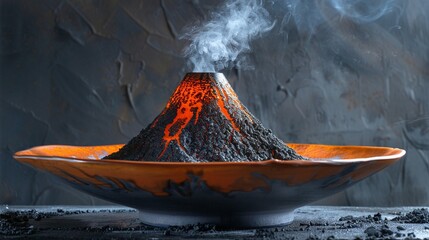 Handcrafted ceramic bowl holding a miniature, active volcano, dynamic lighting, detailed , clean sharp