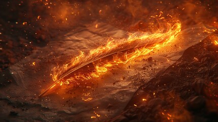 Phoenix feather pen that writes in flames, dusk ambiance, fiery trails on parchment, dynamic , Prime Lenses - obrazy, fototapety, plakaty