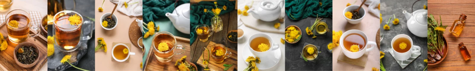Deurstickers Set of healthy dandelion tea and bottles of essential oil on table © Pixel-Shot