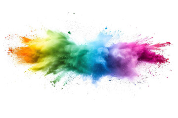 Colorful powder explosion isolated on a white background, rainbow colored powder splashing in the air. Vibrant background with copy space, a flat lay banner design.