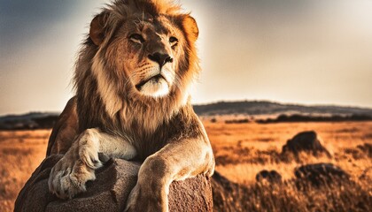 Highly detailed nature film photograph of a lion relaxing on a rock in the savanna. Late afternoon,...