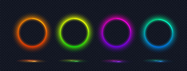 Neon gradient ring collection. Isolated abstract illuminate frame. Vibrant color circle border in futuristic style. Glowing neon lighting isolated on dark background © Ann_Sereda