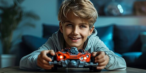 Boy with remote-controlled sports car toy and joystick, Generative AI  - obrazy, fototapety, plakaty