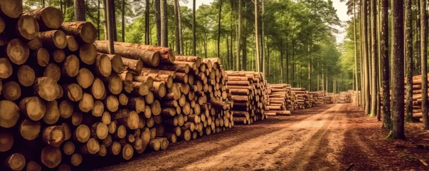 Foto op Plexiglas Forest pathway with piles of harvested wood logs © amazingfotommm