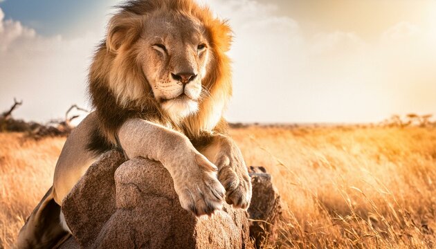 Highly detailed nature film photograph of a lion relaxing on a rock in the savanna. Late afternoon, hot sun. Long lens. Crisp. Warm tones. Faded vintage. AI Generated