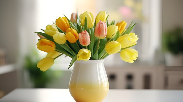 Holiday spring background. Colorful tulip flowers on white wooden backdrop. Greeting card with copy space for Valentine's Day, Woman's Day and Mother's Day. Top view.