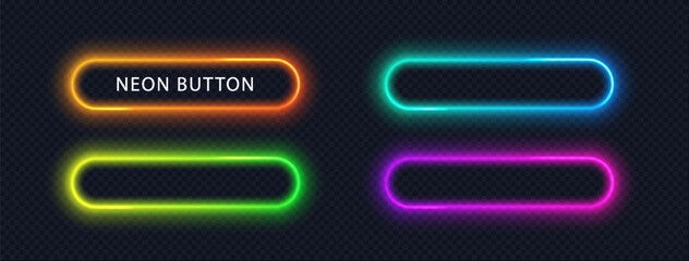 Vibrant color button isolated on dark. Abstract color gradient neo frame with copy space. Soft neon light vector shapes