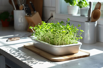 A tray of microgreens basking in sunlight on a kitchen counter with cooking utensils and plants by the window, showcasing a healthy homegrown ingredient