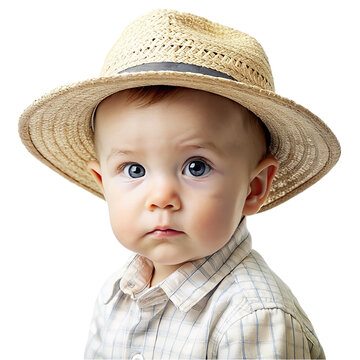 Portrait a baby boy wearing straw hat isolated on transparent background.