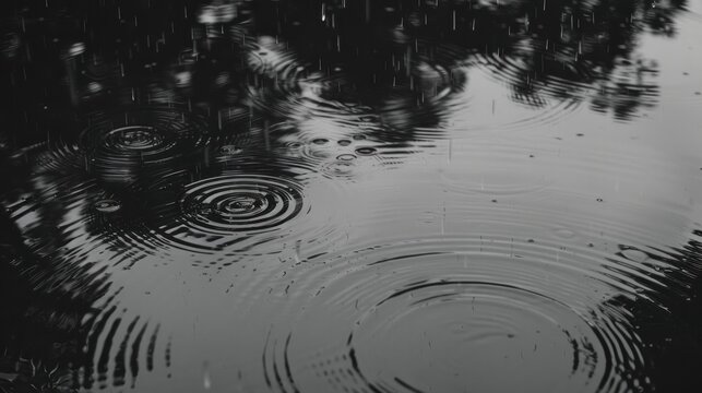 Raindrops creating ripples on a water surface, reflecting a moody and abstract pattern on a gloomy day.