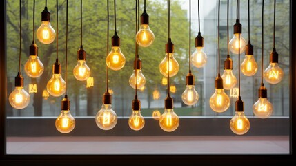 Display with many light bulbs hanging from a window - obrazy, fototapety, plakaty