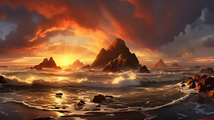 Deurstickers Donkerrood Fantasy Sea landscape illustration