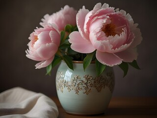 Blooming peony bouquet in vintage vase, generative AI