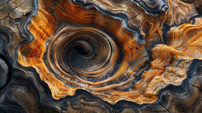 A large, spiral-shaped rock with a hole in the middle. The rock is made of a mix of materials, including wood and stone