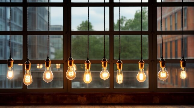 Display with many light bulbs hanging from a window