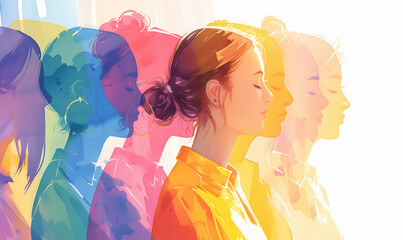 Colorful Women Silhouettes Abstract Vivid Art Watercolor Painting Of International Women's Day, 8 March In Different Cultures And Ethnicities. Fight For Women Rights. Feminism.