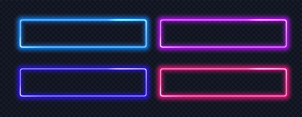 Neon rectangle colored frame. Neon lights horizontal sign. Geometric glow shape with copy space.
