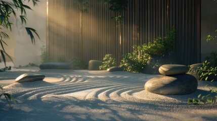 Tranquil Zen garden with stones, raked sand patterns, shadows, and lush foliage, exuding peace and harmony in a serene setting.