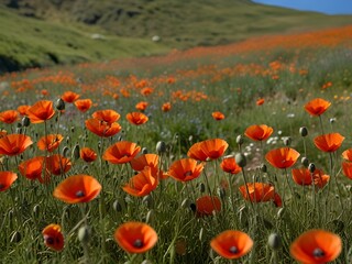Wild poppies dotting a sunny hillside, generative AI