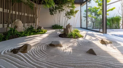 Tuinposter Tranquil Zen garden with raked sand, stones, green plants, and bamboo, evoking peacefulness in a sunlit, modern indoor setting. © kittikunfoto