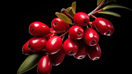 Branch of ripe red berries with glossy finish and green leaves on a dark background, highlighting their vibrant color and fresh look