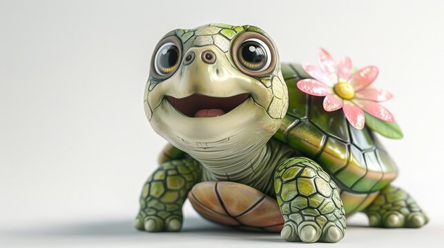 A cute turtle with a pink flower on its shell. The turtle is smiling and he is happy