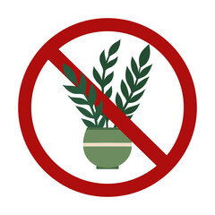 Vector forbidden sign with house plant in vase isolated from background. Growing tropical flowers in pots is prohibited. Do not touch rare flowers. Allergy danger - 772094369