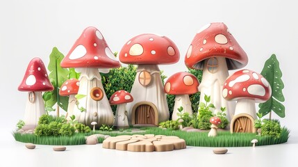 A group of red mushrooms with white spots are arranged in a row. The mushrooms are surrounded by green grass and trees, creating a whimsical and playful atmosphere. Concept of wonder and imagination