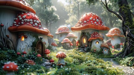 A fantasy scene with a group of mushroom houses and a path. The houses are all different sizes and have a unique design. Scene is whimsical and playful, with the mushrooms